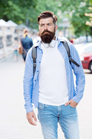 Its casual enough. Hipster in casual style urban outdoors. Bearded man wear casual clothing. Casual wardrobe. Menswear store. Fashion trend. Trendy style. Everyday clothes. For ultimate comfortの写真素材