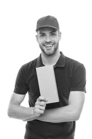 Your parcel in safe hands. Courier guy hold parcel box isolated on white. Parcel delivery service. Sending by parcel post. Your package our passionの写真素材