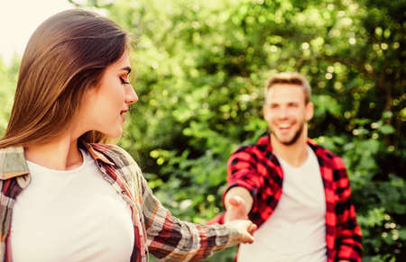 Couple relationship. Follow me. Couple in love meeting. Put yourself forward in way that is...