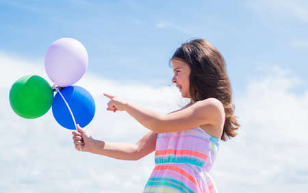 ready to celebrate. concept of dreaming. childhood happiness. kid fashion beauty. imagination and inspiration. happy birthday party. girl with party balloon. prepare for holiday. Lady in preparing.の写真素材