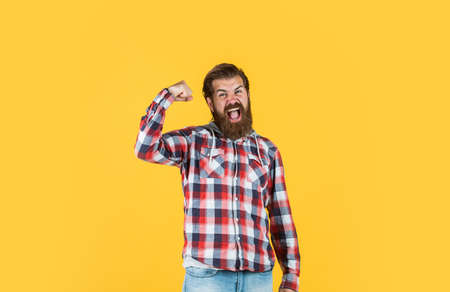 i won the lottery. fashion model in casual style. Bearded man. Hair and beard care. Mature hipster with beard wear checkered shirt. brutal caucasian hipster with moustache. Male barber careの写真素材