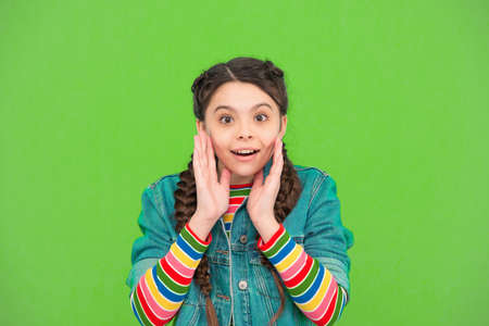 Skincare like you mean it. Beauty look of little child. Happy girl green background. Skincare...