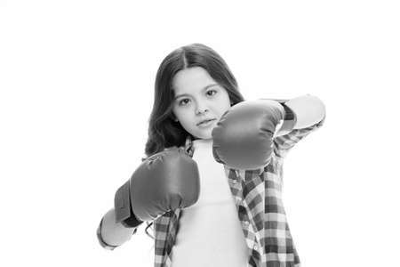Girl power concept. Kid boxing gloves isolated white. Child boxer defend herself. Sport activity....
