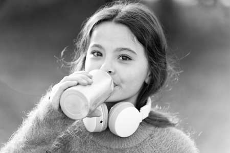 Music always with me. Girl cute child with headphones. Reasons you should use headphones. Headphones changed world. Headphones bring privacy to public spaces. Active lifestyle music play listの写真素材