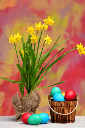 spring yellow narcissus, colorful easter eggs in wooden bucket