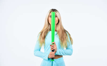 Outdoor sport activity. Woman play baseball game. Girl baseball bat. Gentle but aptly. Baseball female player concept. Woman in baseball sport. Warned you. Confident and strong ladyの写真素材