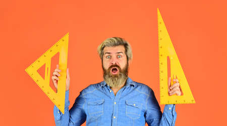 Education concept. Architect education. Bearded man teacher use ruler. Innovative approach. Drawing...