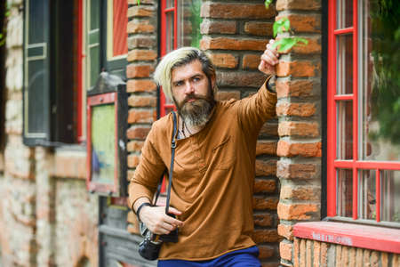 Creative career. Spy paparazzi occupation. Creative photographer urban background. Photo shooting....