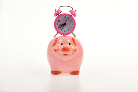 Cash box with financial income. Piggy bank with alarm clock.の写真素材