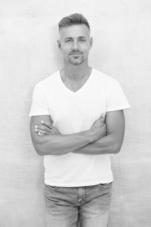 Quality Clothing Made To Last. Style and versatility of quality tshirt. Summer fashion. Mature man casual outfit. Fashion model. Handsome hipster. Menswear concept. Fashion clothes. Simple and comfyの写真素材