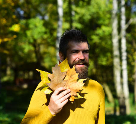 Relaxation and autumn time concept. Guy with beard