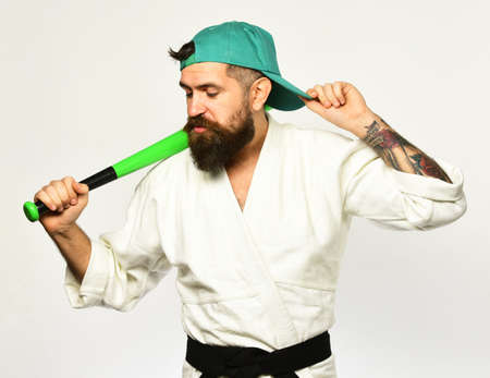 Gangster gets ready to fight. Karate man with haughty faceの写真素材