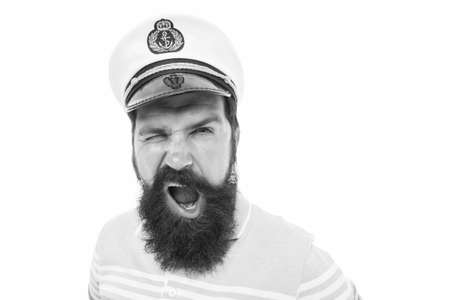Winking sailor copy space. Bearded sailor isolated on white. Navy and marine. Sea adventures concept. Sailor or seaman with long beard and mustache. Work as sailor. Professional mariner. Sea foodの写真素材