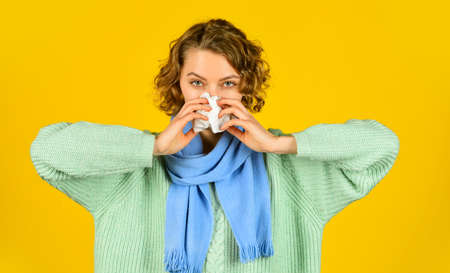 Influenza infection. Sinusitis treatment. Sinusitis diagnostics. Inflammation of nasal sinus. Runny nose. Cold flu symptoms. Sick woman blowing nose. Chronic sinusitis. Contagious respiratory diseaseの写真素材