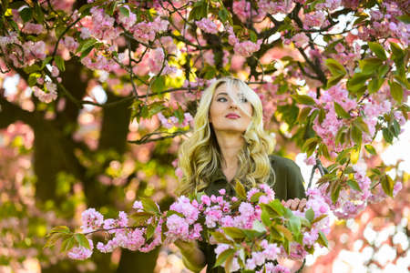 Rest relax and vacation. Spring blossom. Cherry tree. Floral aroma. Reasons why flowers always make women happy. Perfume and cosmetics. Happy spring day. Spring symbol. Girl enjoy sakura in gardenの写真素材