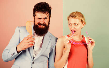 Catch my wave. hipster guy and girl party glasses. bearded man with pretty woman. Office party. Best friends relations. party fun. couple in love. friendship. lets celebrate togetherの写真素材