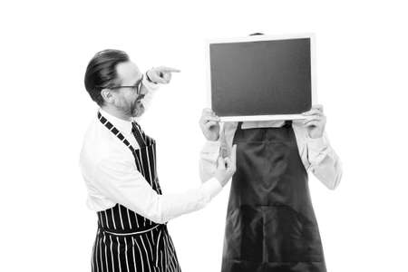 Workers wanted. Hipster bartender show blackboard copy space. Men bearded hipster informing you....