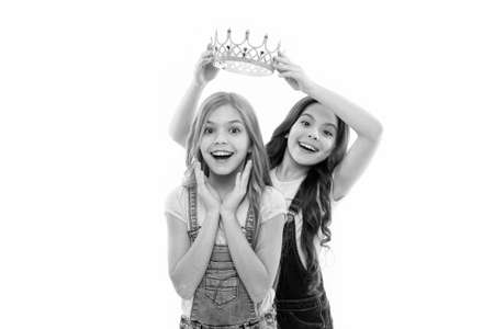 Personal appreciation. Kid wear golden crown symbol princess. Every girl dreaming become princess. Little princess. Receiver of the throne. Award ceremony. Title goes to cute kid. My best friendの写真素材