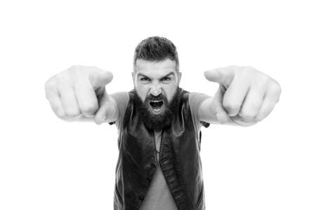 Hey you there. Lumbersexual well groomed hipster looking at camera. Hipster with mustache and long beard. Man mature bearded muscular brutal hipster white background. Masculinity and brutalityの写真素材