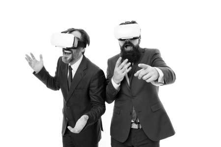 Men bearded formal suits. Digital technologies. Business innovation. Vr presentation. Men vr glasses modern technology white background. Team of innovators. Virtual business. Online business conceptの写真素材
