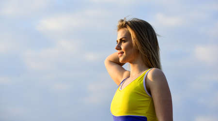 Fitness for Health Resolution. Fitness coach. Girl sportswear training. Healthy lifestyle concept. Personal workout program. Fitness application. Inspiring to work hard. Female trainer fit bodyの写真素材