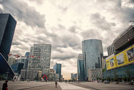 Paris, France - June 02, 2017: La Defense business district. Skyscrapers and buildings on cloudy...