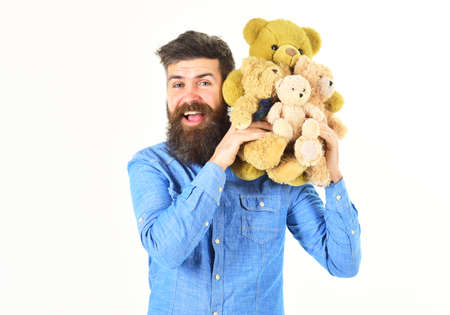 Man holds teddy bears Pretty toy concept.