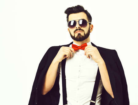 Bearded man, caucasian hipster with moustache and sunglassesの写真素材