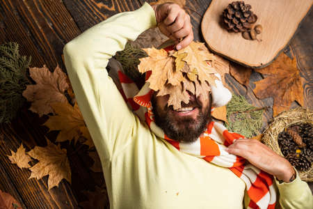 Enjoying the travel. human in nature. Staying cheerful any season. autumn male fashion. Carefree and happy. man hold maple leaf. canada. hipster relax on autumn background. handsome in autumn styleの写真素材