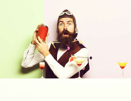 surprised handsome bearded pilotの写真素材