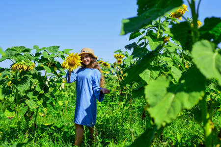 beautiful girl wear straw summer hat in field. pretty kid with flower. beauty of summer nature....