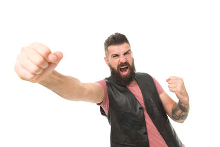 Extremely satisfied. Fashion trend beard grooming. Guy expressing success. Hipster with beard brutal guy. Product recommendation concept. Barbershop and beard grooming. Styling beard and moustacheの写真素材