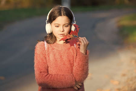 Music for autumn cozy mood. Listening songs. Melody for good mood. Drive by song. Enjoy music outdoors fall warm day. Audio file. Kid girl relaxing autumn leaf with modern wireless headphonesの写真素材