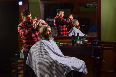 Professional cosmetics. Hipster getting haircut. Healthy hair. Annoy barber could turn out poorly...