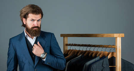 Handsome groom man formal style suit wedding day, bearded hipster concept