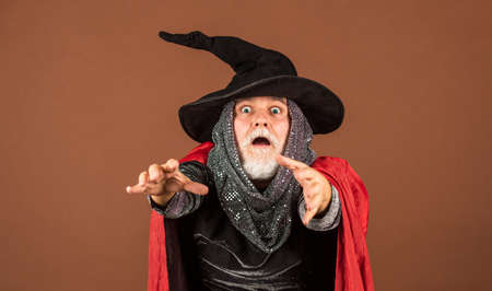 31 october. gothic man in Halloween costume. Magic concept. Experienced and wise. Wizard costume hat Halloween party. Halloween wide banner. Halloween decoration and scary conceptの写真素材