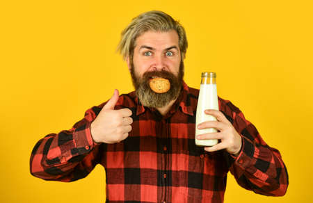 milk and cookies. happy farmer eat cookie dessert. bearded man drink useful milk with pastry. The concept of healthy eating Organic farm products for Breakfast or lunchの写真素材
