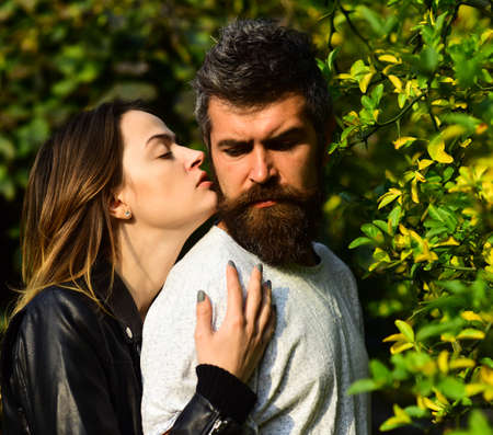 Relationship and fall time. Man and woman with passionate faces
