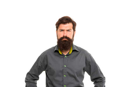 Boosting his beard appeal. Bearded man isolated on white. Hipster look of brutal man. Barbershop....