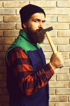 bearded builder man holding hammer serious faceの写真素材
