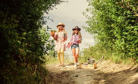 Florist at work. farming and agriculture. spring country side. ecology and environmental protection. small girls farmer in village. children hold gardening tools. earth day. summer family farmの写真素材