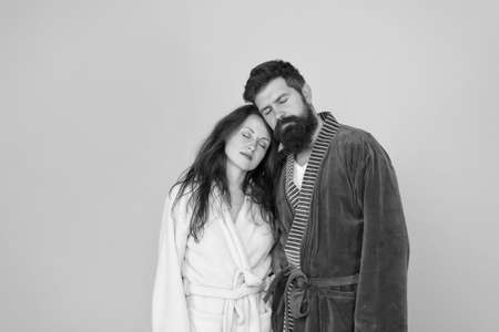 Get more sleep. Bearded man and sexy woman sleep blue background. Couple in love take nap. Sleep time. Naptime. Early morning. Late evening or night. Rest and relax. Sleep is best meditationの写真素材