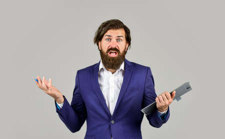 Control and inspection. Project Curator. Business people concept. Businessman with folder. Bearded...