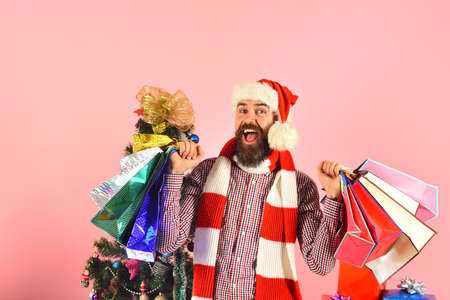 Man with beard and cheerful face on pink background.の写真素材