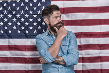 Patriotic holiday of independence day. education and business in america. Students exchange program. American patriotic people. Independence Day 4th of July. man at usa flag. victory and freedomの写真素材