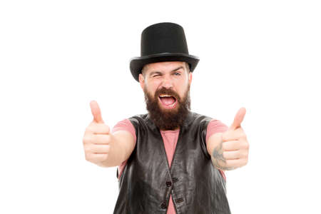 Magician circus worker. Man bearded guy cheerful face solve problem as magician. Magician character....