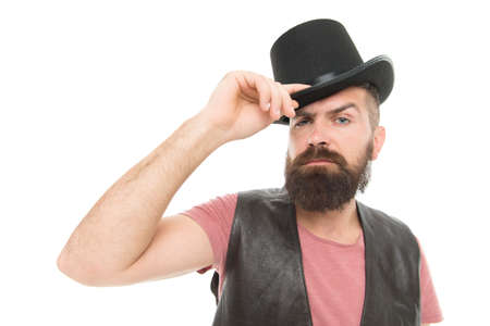 Funny entertainment. Street performance. Magician circus worker. Hocus pocus. Man bearded guy...