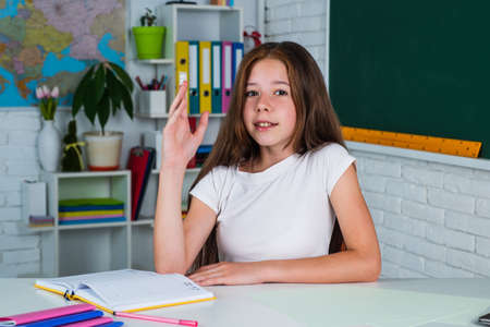 start the brain engine. teen girl work in classroom near blackboard. cheerful kid learning subject....