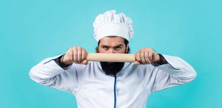concept of housekeeping. real confidence. mature bearded man wear chef hat. male cook ready for preparing food. brutal hipster in apron going to be cooking meal. time for eating. baking. Food choicesの写真素材
