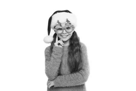 small santa white background. merry christmas. winter brings a lot of joy. happy child in party glasses. new year eve. Happy Xmas and New Year holiday. Funny kid on Christmas eve. waiting for miracleの写真素材